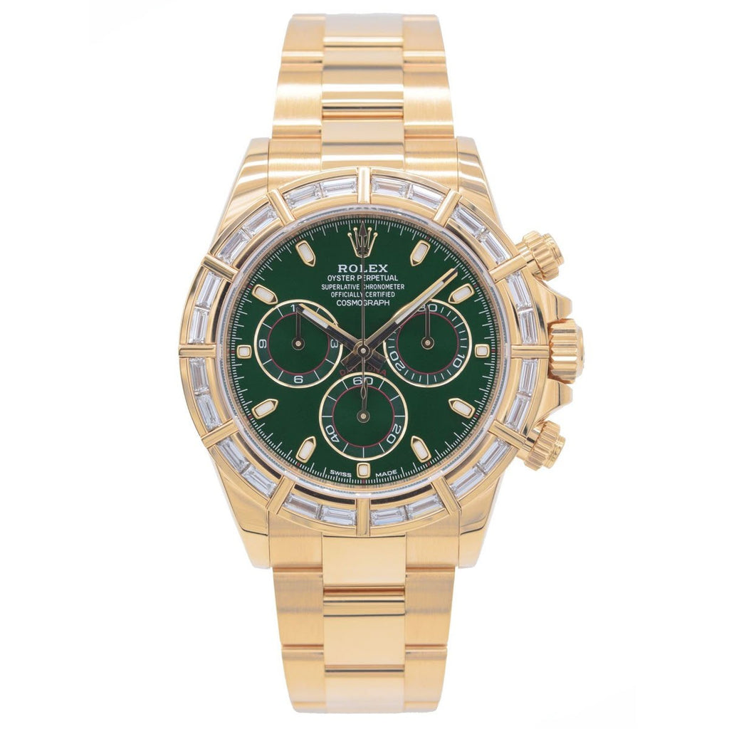 Rolex Cosmograph Daytona 116568BR 40mm Green Dial Baguette Diamond Bezel Oyster Yellow Gold Watch