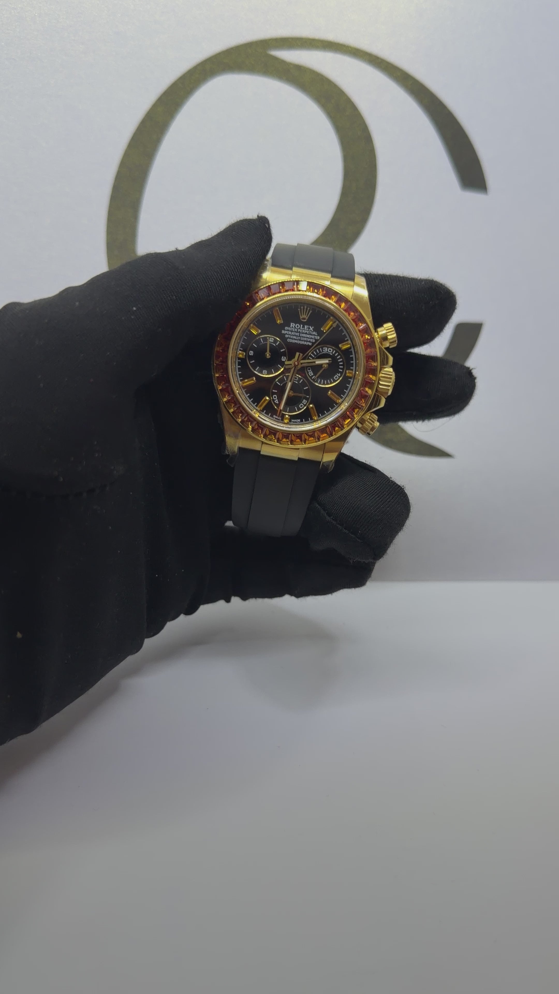 Rolex Daytona 116588SACO Yellow Gold Orange Sapphire Bezel Black Diamond Dial